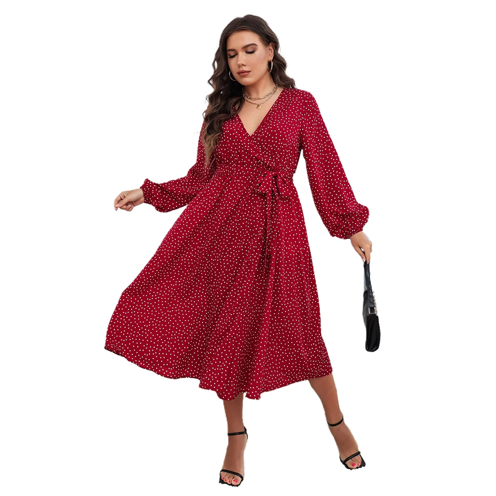 

Plus Size Women Summer Casual Short Sleeve O Neck Dress Fashion Women's Elegant Polka Dots Dresses Spring Autumn