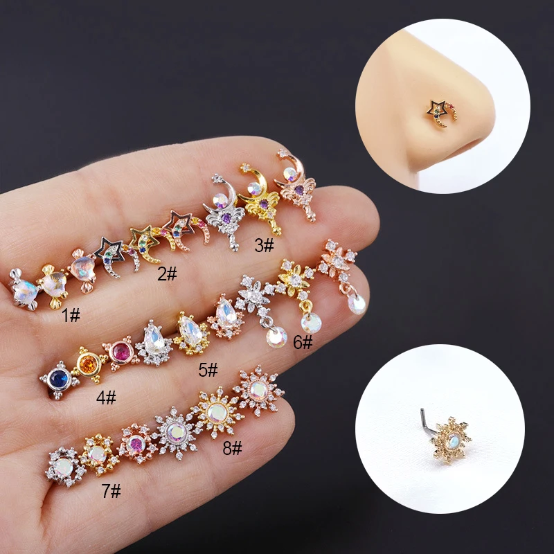 1PC Stars Moon Sun Dangle Nose Studs Nose Rings Fashion Multicolor CZ 20G Stainless Steel L Shaped Nose Stud Screw Nose Piercing  - buy with discount