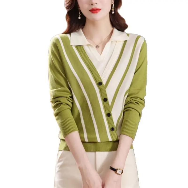 

2023 Spring Autumn New Fake Two Piece Sweater Knitwear Women's Clothing Striped Slim Knitted Pullover Girls Jumper Tops BC22