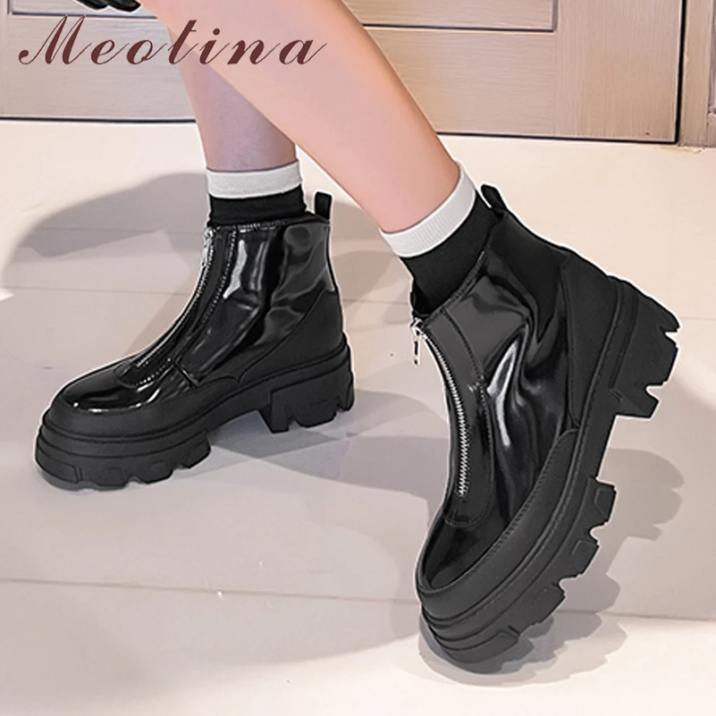 

Женские ботильоны из натуральной кожи Meotina, полусапожки на платформе и толстом высоком каблуке, на молнии, с круглым носком, осенне-зимняя обувь