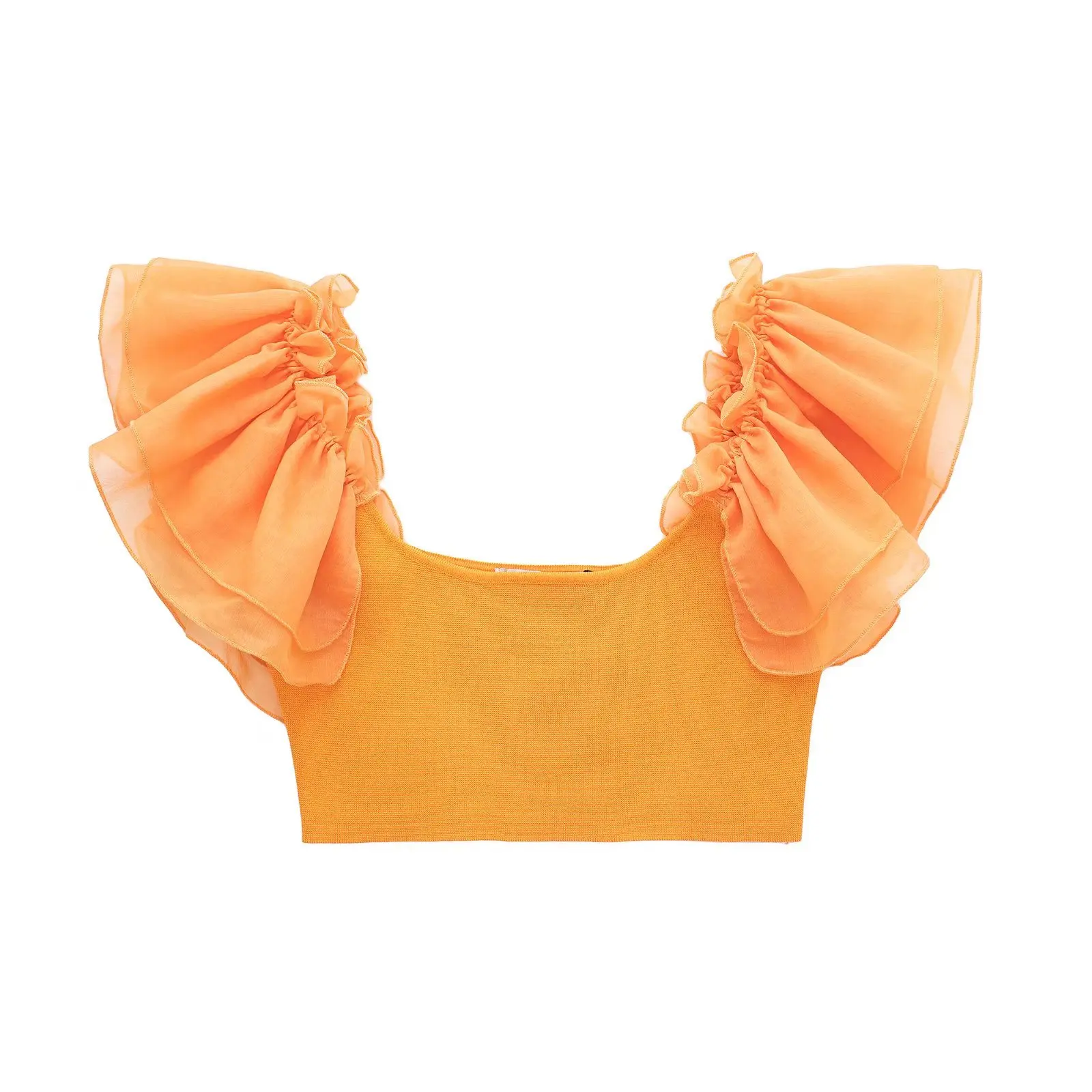 

2022 Women Fashion With Organza Ruffles Knit Crop Blouses Vintage O Neck Short Sleeve Female Shirts Blusas Chic Top