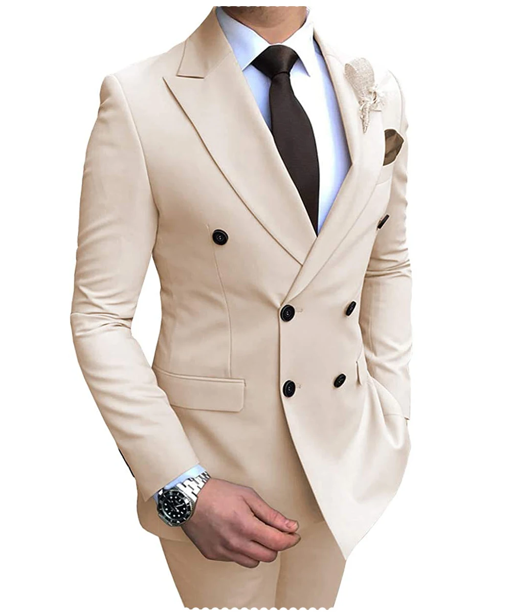 2022 New Beige Men's Suit 2 Pieces Double-Breasted Notch Lapel Flat Slim Fit Casual Tuxedos For Wedding(Blazer+Pants)