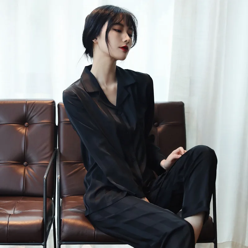 Silk Pajamas Women's Striped Jacquard Black Loose Shirt Long-Sleeved Trousers Can Be Worn outside Korean Style Two-Piece Suit