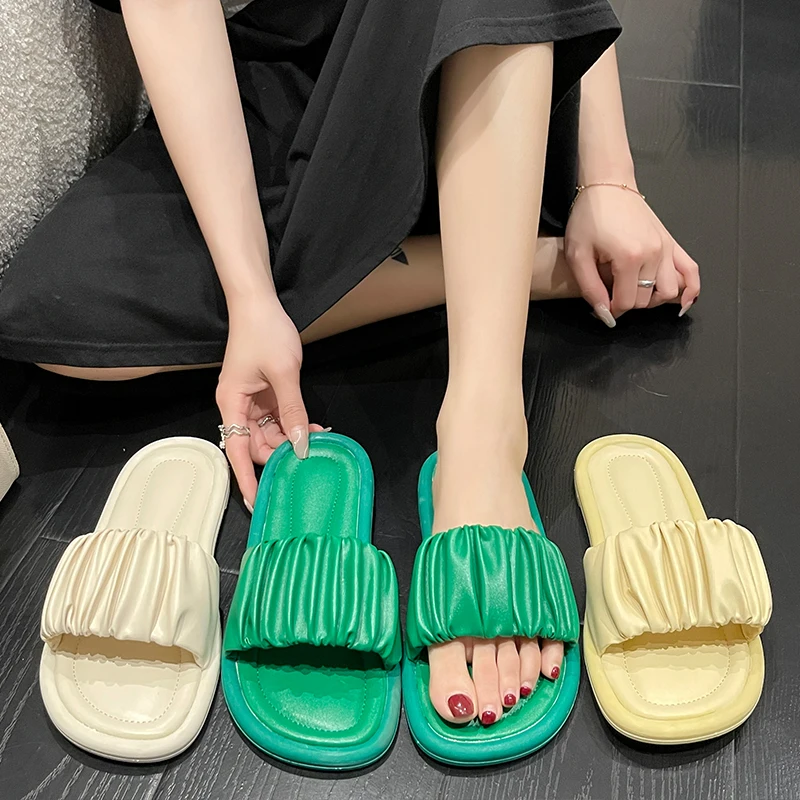 

Шлепанцы женские плиссированные, мягкие роскошные Тапочки, низкая подошва, дизайнерские, плоская подошва, римские, модные базовые, 2022