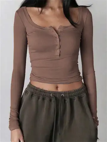 Women Fashion Buttons Blouse Shirts Long Sleeve Square Neck Slim Fit Tops and Blouses Female Solid Color Casual Crop Tops