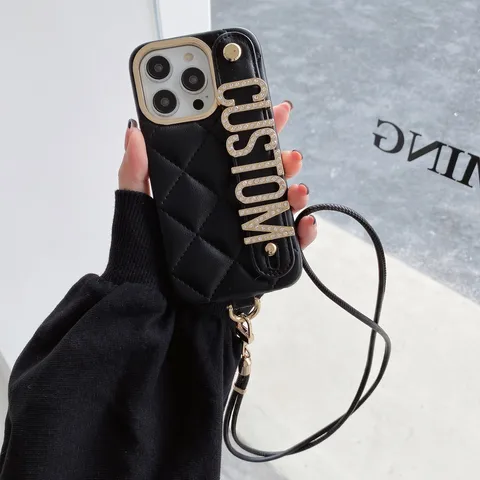 Роскошный кожаный персонализированный шнурок для iPhone15, 14, 13, 12, 11pro Max, золотые алмазные буквы