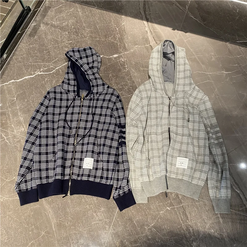 

New European Jacquard Plaid Hooded Sweatshirt Double Zipper Tide Brand TB Men and Women Casual Hoody Autumn Coat