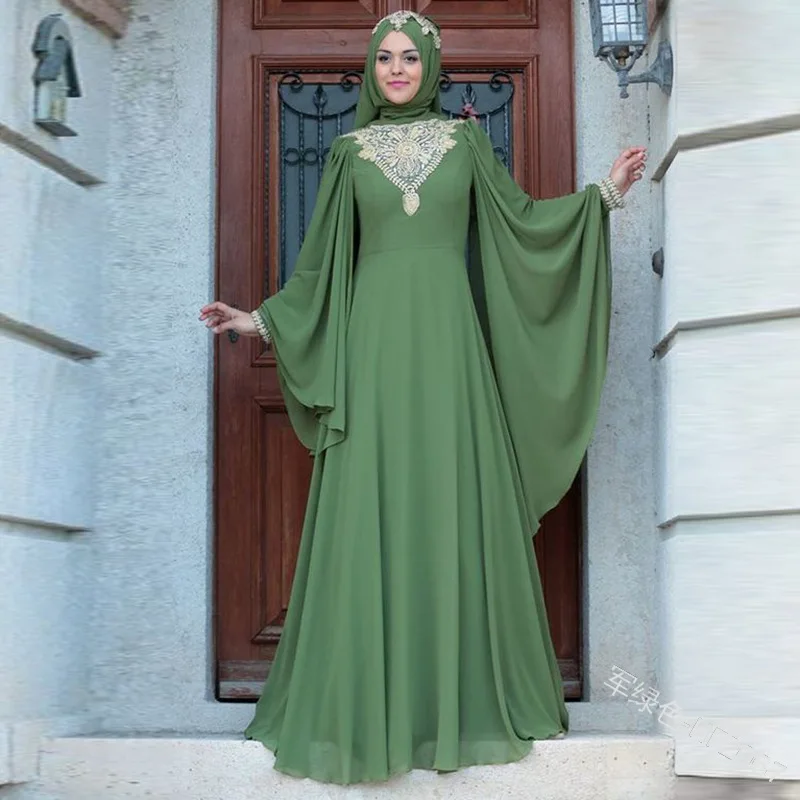 Women's Printed High Waist Large Swing Flying Sleeve Long Dress Middle East Dubai Abaya Turkey Abayas for Women Moroccan Kaftan