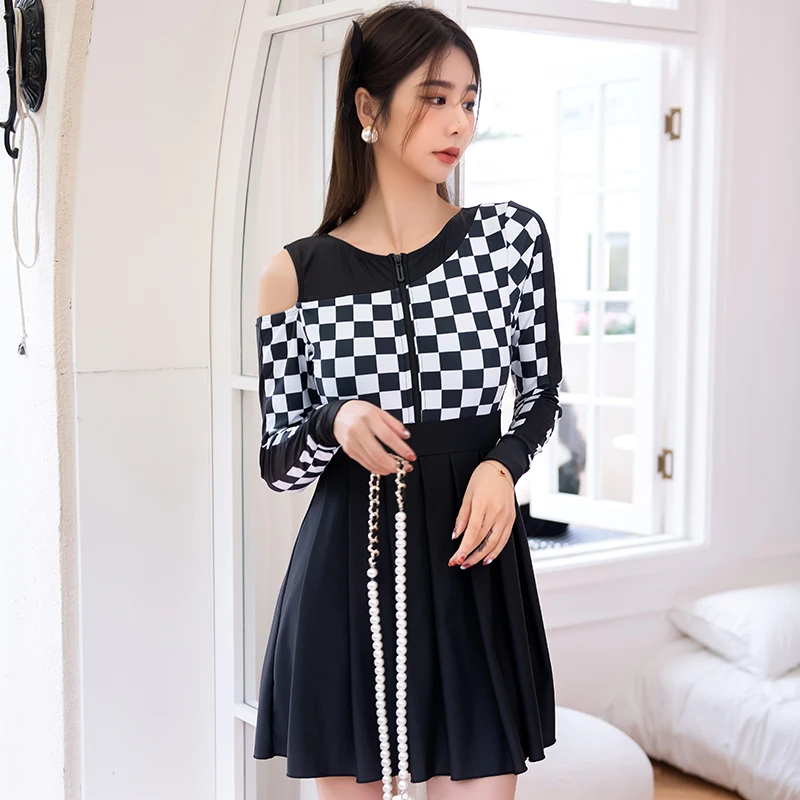 

Black Oversize One Piece Swimsuit Long Sleeve Women Sexy Fat Plaid Dress Student Zipper Plus Size Swimwear Ladies Skirt Vacation