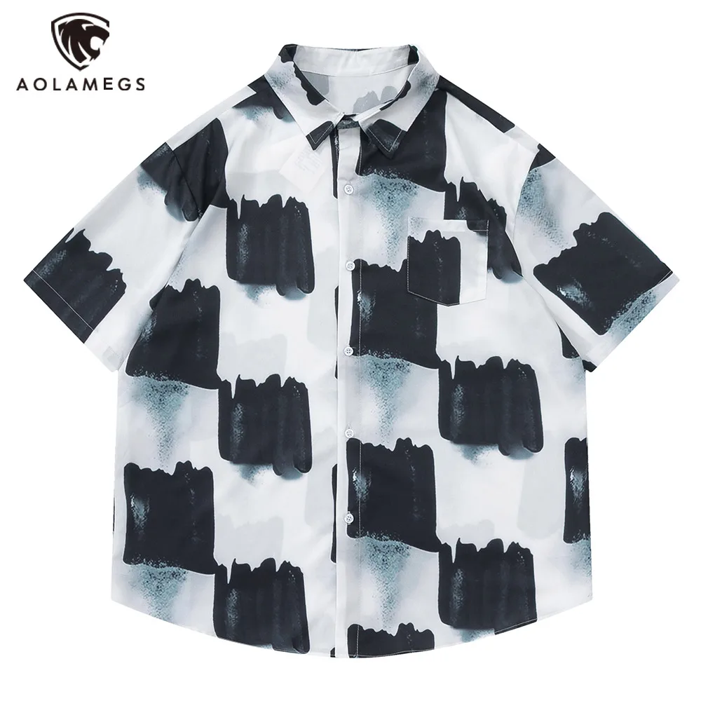 

Beach Hawaiian Men's Shirts Streetwear Black White Grid Splicing Shirts Hip Hop Casual Fashion Harajuku Summer High Street Tops