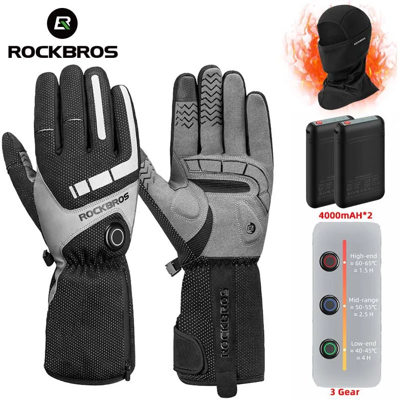 

ROCKBROS Winter Heated Bike Gloves 4000mAH*2 Rechargeable Electric Ski Snowboard Gloves Thermal Warm Motorcycle Bicycle Gloves