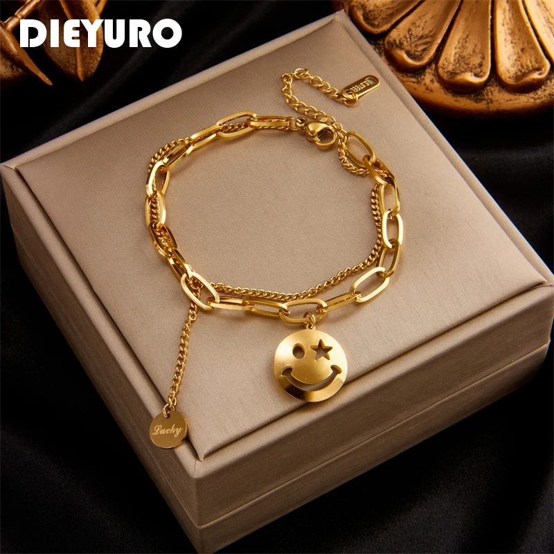 

DIEYURO 316L Stainless Steel 2 Layer Smiley Long Pendant Bracelet For Women High Quality Lucky Girls Wrist Jewelry Party Gift