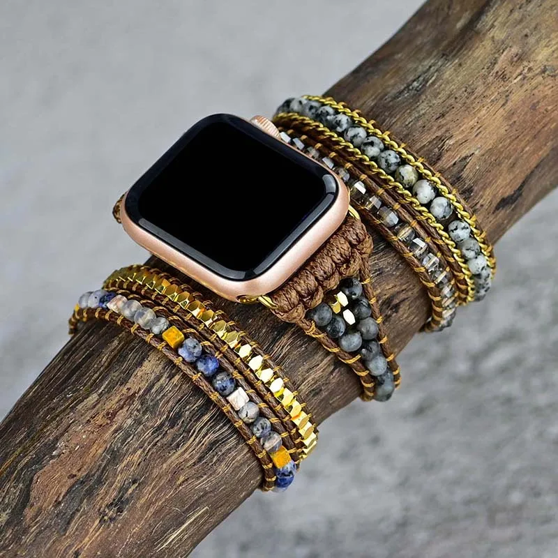 Creative Natural Gems Stone For Apple Watch Band Bead Boho 3X Wrap Vegan Rope Watch Strap Wristband Bracelet Accessories Jewelry