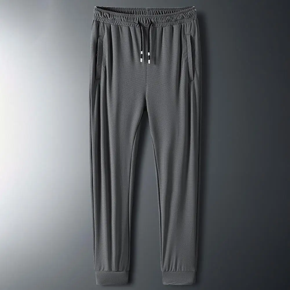

Men Sweatpants Straight Soft Texture Drawstring Breathable Mesh Solid Color Long Pants Casual Trousers Streetwear