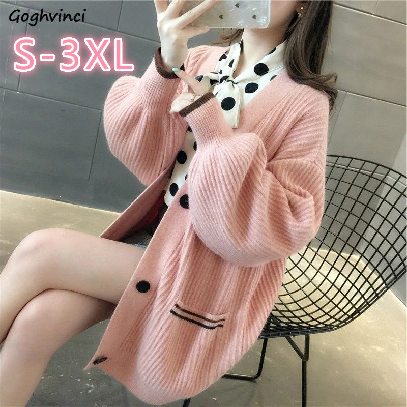 

Cardigan Women Autumn Pockets Puff Sleeve 3XL Elegant All-match Warm Knitting Sweater Preppy Style New Patchwork Soft Ulzzang