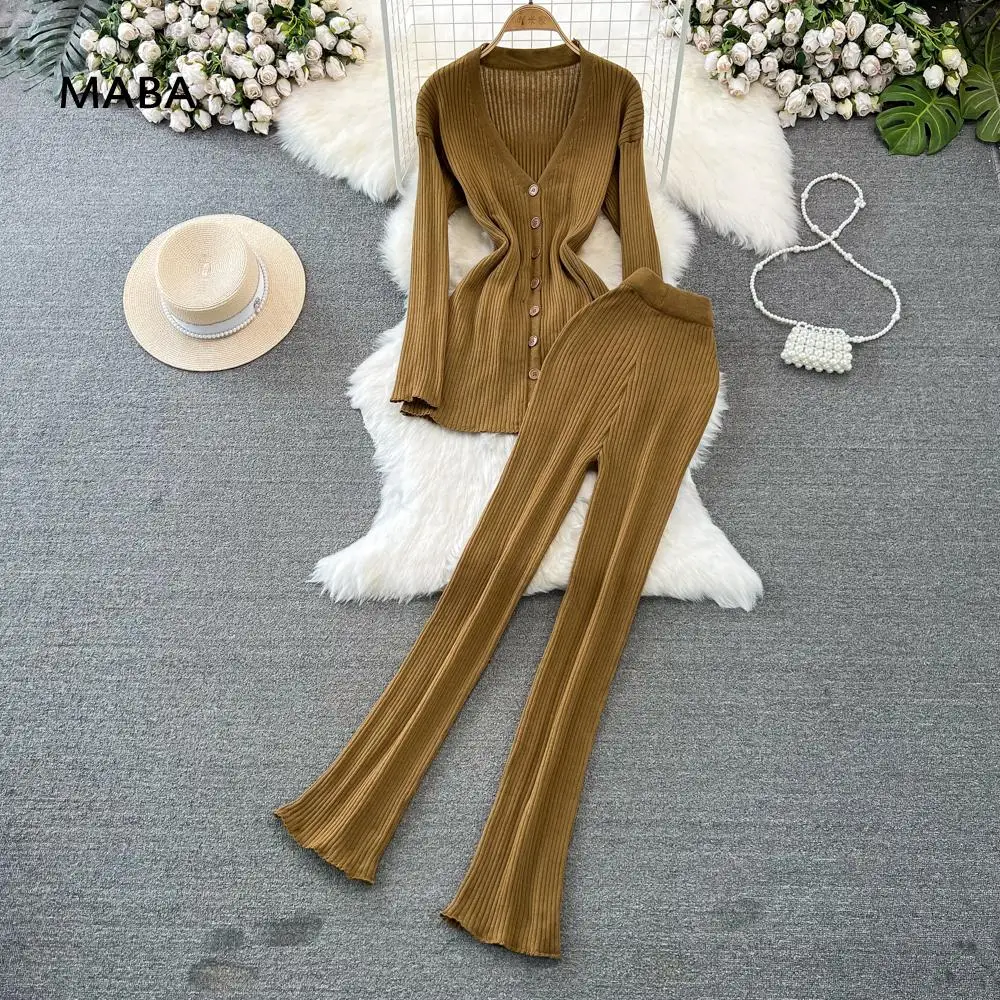 

Brown Knitted Sweater Two Piece Set Autumn Winter Women V-neck Slim Cardigan+slim Flare Pants Casual Simple Female Y2k Outfits