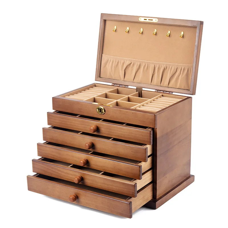 

Drawer Jewelry Box Organizer Storage Chinese Style Pine Wooden Large Box High Capacity Luxurious Solid Wood Necklace Earrings
