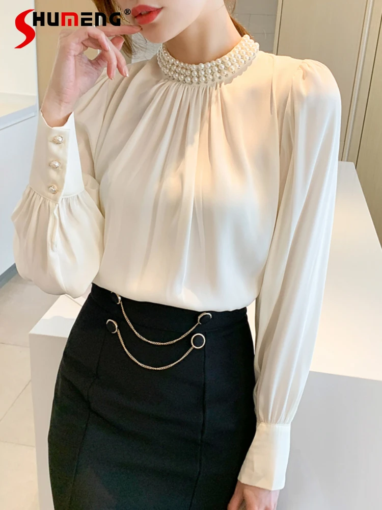 

Loose Office Ladies Beaded Stand Collar Pearl Satin Shirt French Women's Advanced Business Long Sleeve Clothing Blusas Femininas