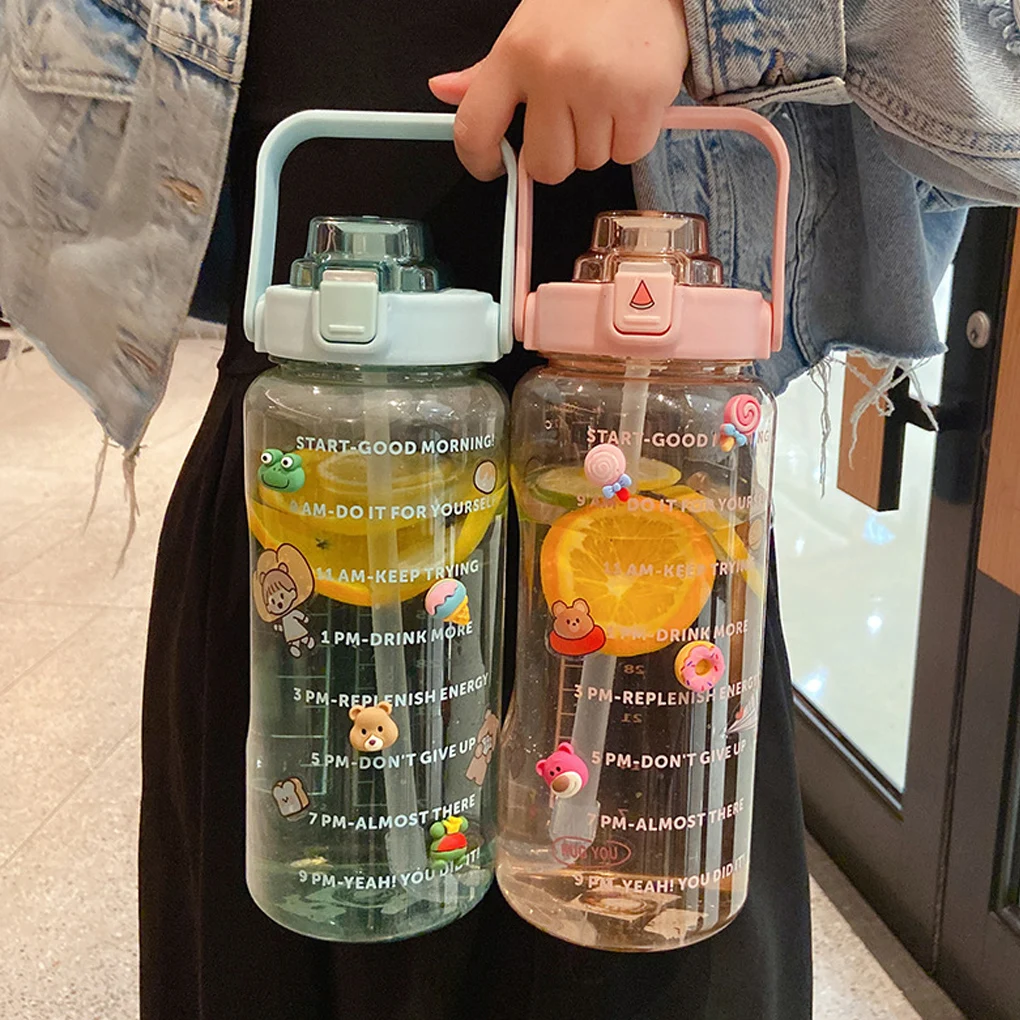 

2L Sports Straw Water Bottle with Stickers Portable Large Capacity Fitness Bike Cup Summer Ice Cold Water Jug with Time Marker