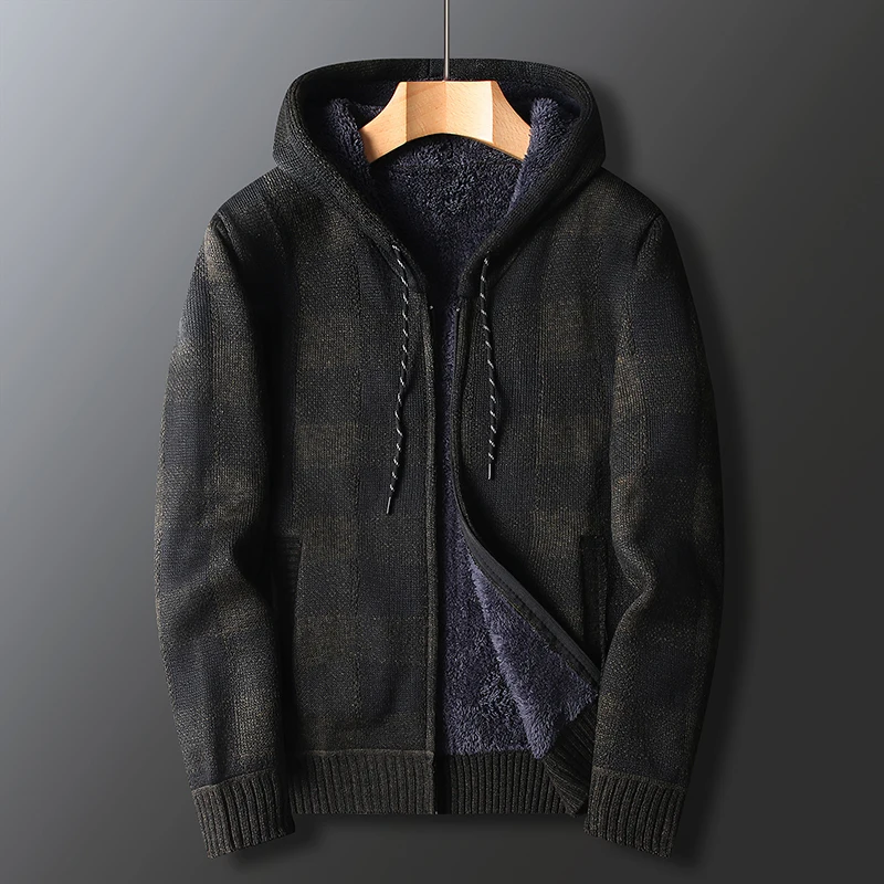 Men's Autumn and Winter Fleece Thickened Sweater Knitted Plaid Cardigan Coat Long-sleeved Hooded 5 Colors New Casual Loose