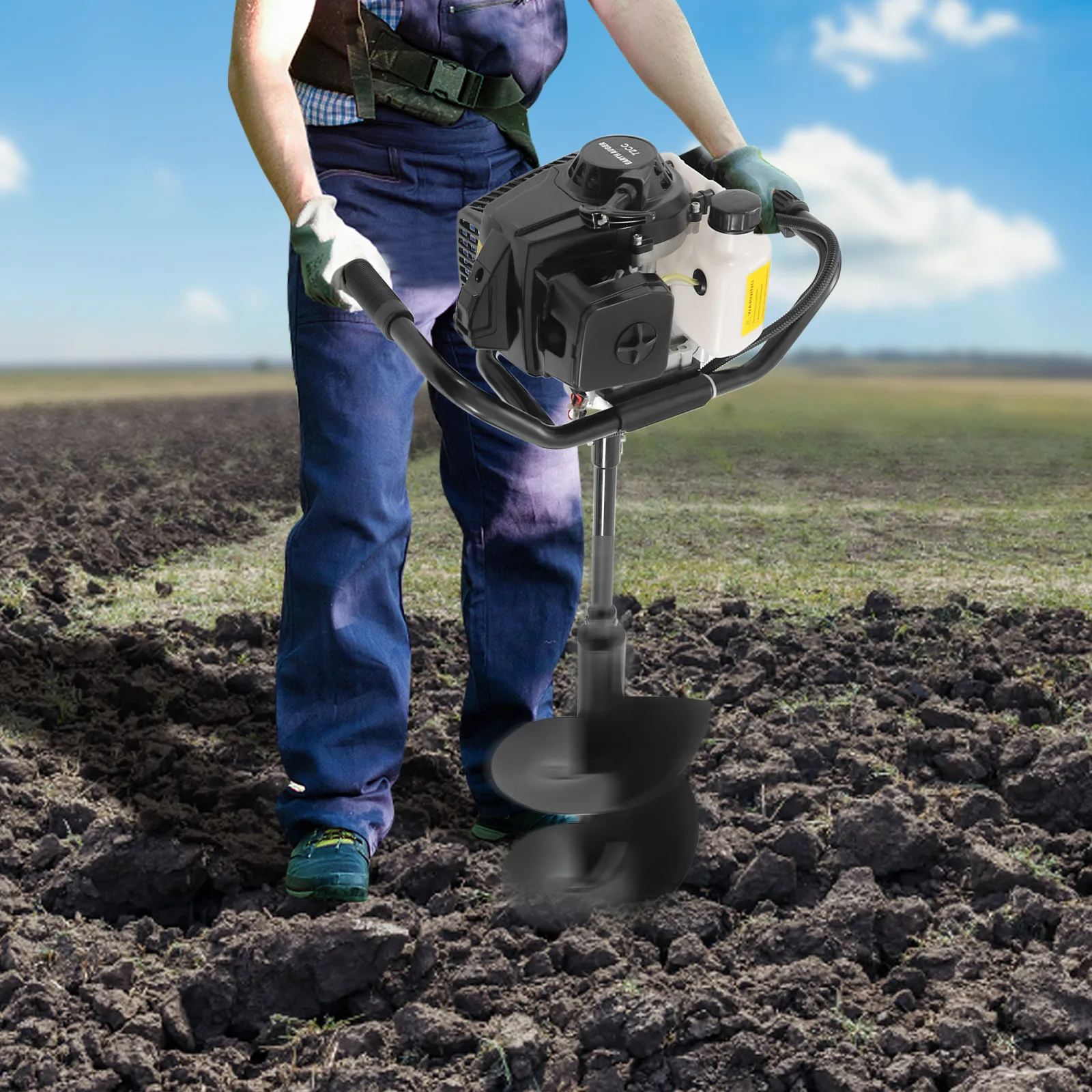 72CC 2 Stroke Gas Powered Earth Auger Post Hole Digger Borer Drill w/3 Auger Drill Bits+ 3 Extension Rods for Farm Garden Plant