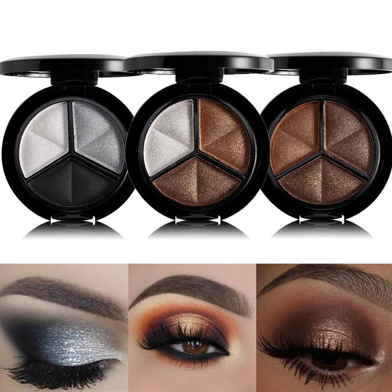 

3 Colors Shimmer Glitter Eye Shadow Palette Makeup Copper Bronzer Sliver Grey Metallic Smoky Cut Crease Eyeshadow