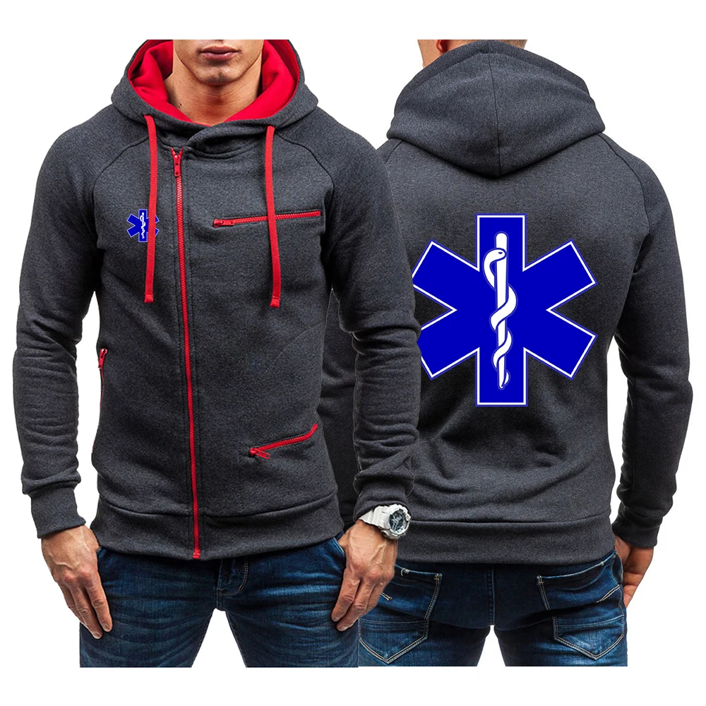 

2022 EMT Emergency Ambulance Men's Spring And Autumn able Printing Solid Long Sleeve Hoodies Slim Zipped Sweatshirts