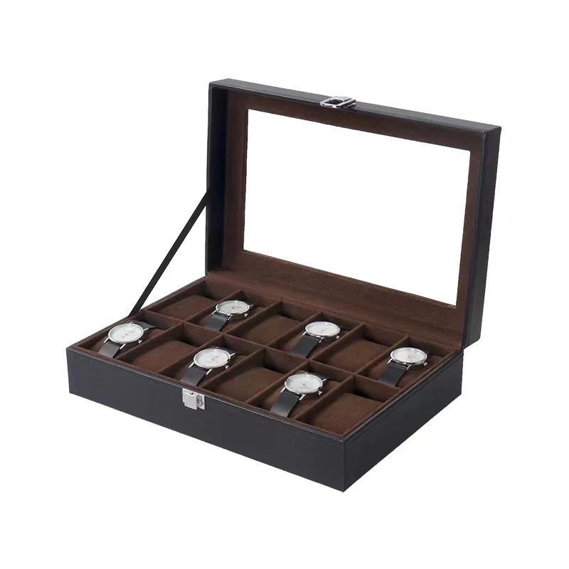 Коробка для часов с 12 отделениями держатель чехол-органайзер черный коричневый