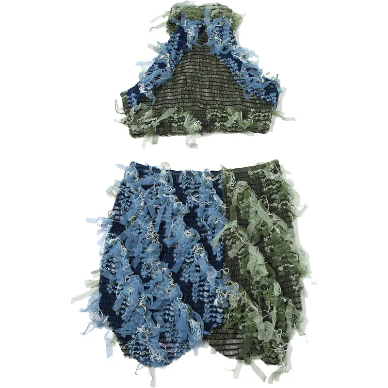 Цветной лоскутный сетчатый женский пикантный комплект из 2 предметов с бахромой