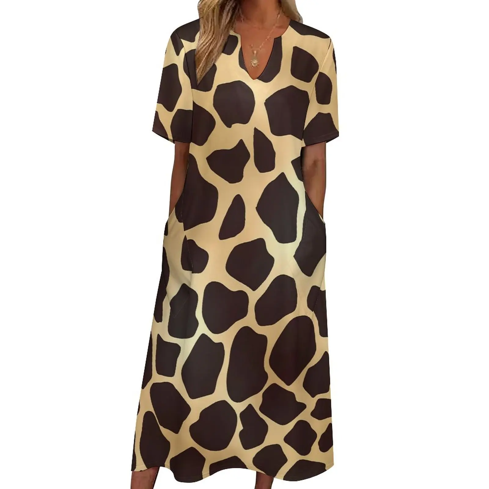 

Giraffe Animal Print Dress Gold Brown Elegant Maxi Dress Street Fashion Bohemia Long Dresses V Neck Custom Oversized Clothing