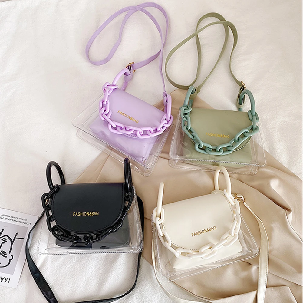 

Модная прозрачная сумка через плечо из ПВХ для женщин, Дамский мессенджер на цепочке из искусственной кожи и акрила, летняя пляжная сумочка-...