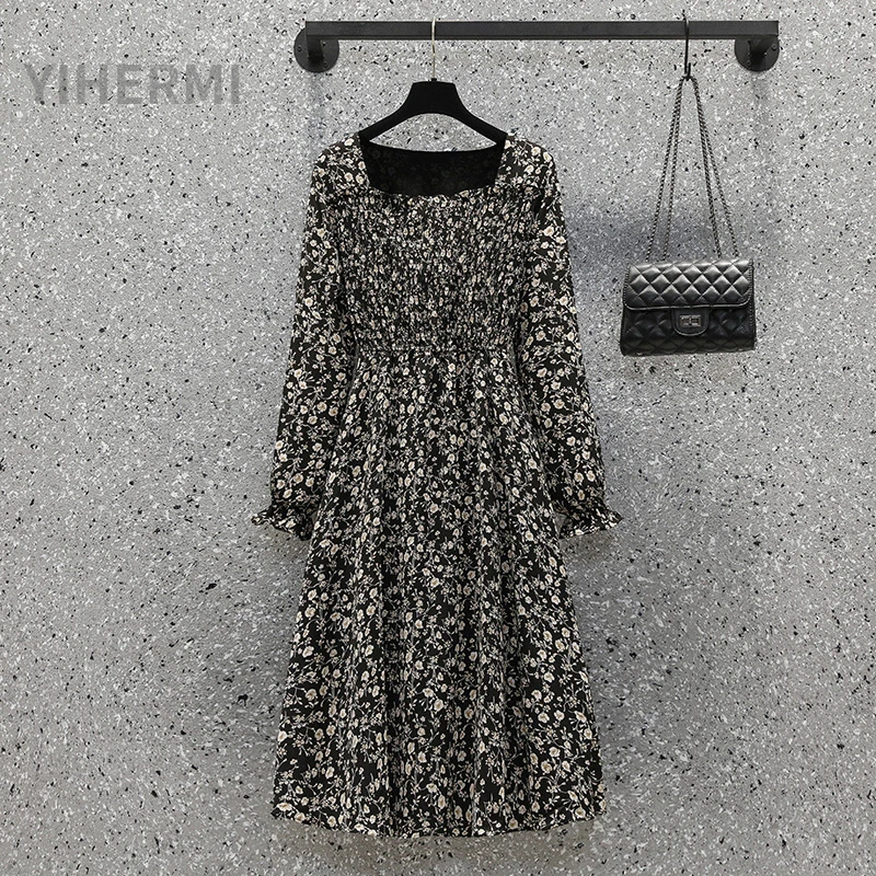 

Women Dresses Summer 2022 Sexy Square Collar Floral Print Dress Folds Waist Long Sleeve A Line Dresses for Women Female Clothing