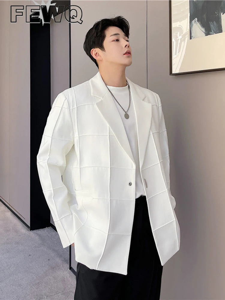 

FEWQ Casual Blazer Niche Chic Men's Suit Jacket 2022 New Autumn Korean Trendy Square Pattern Single Button White Blazers 9A1222