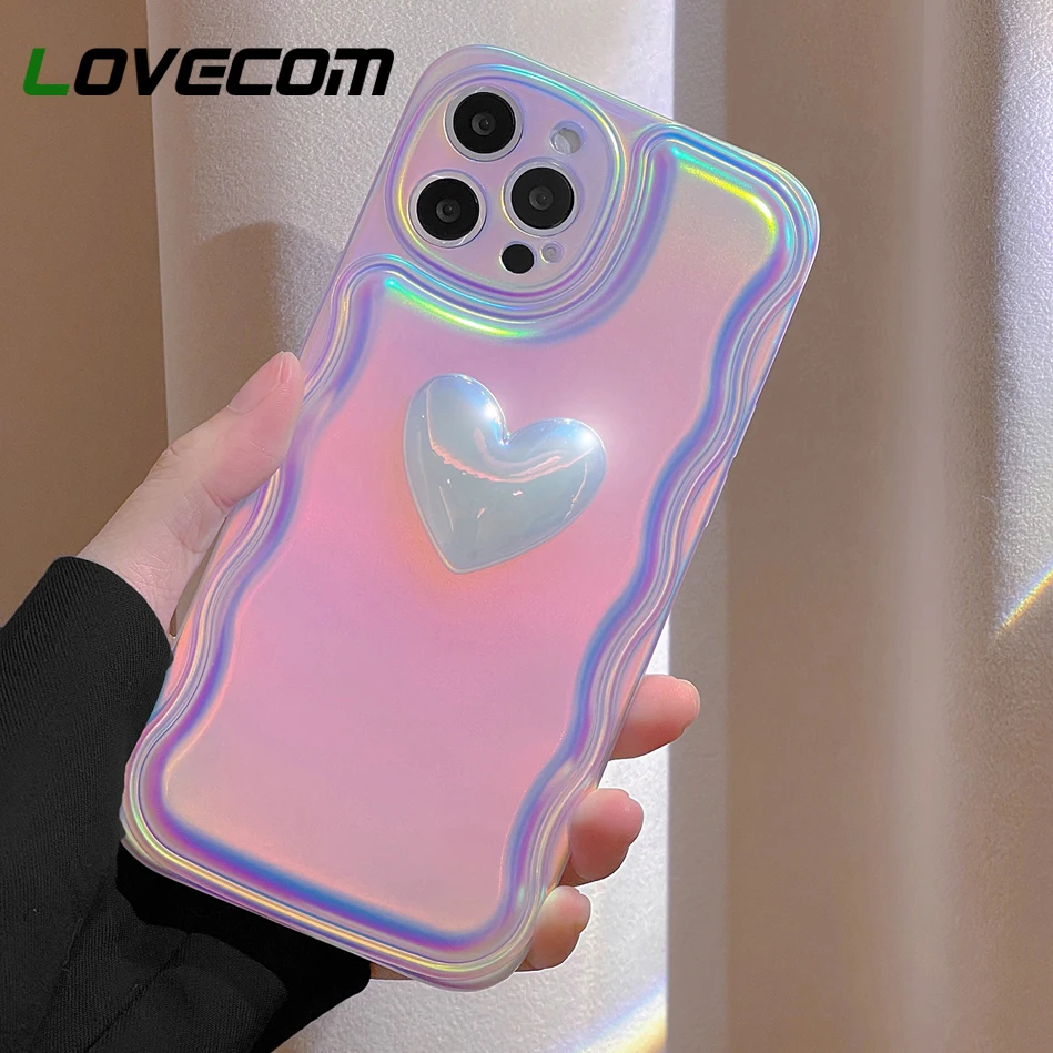 3D чехол для телефона с лазерным принтом Аврора, любящее сердце для iPhone 15 14 13 12 11 Pro Max XR X XS Plus, голографический волнистый край, мягкая IMD задняя крышка