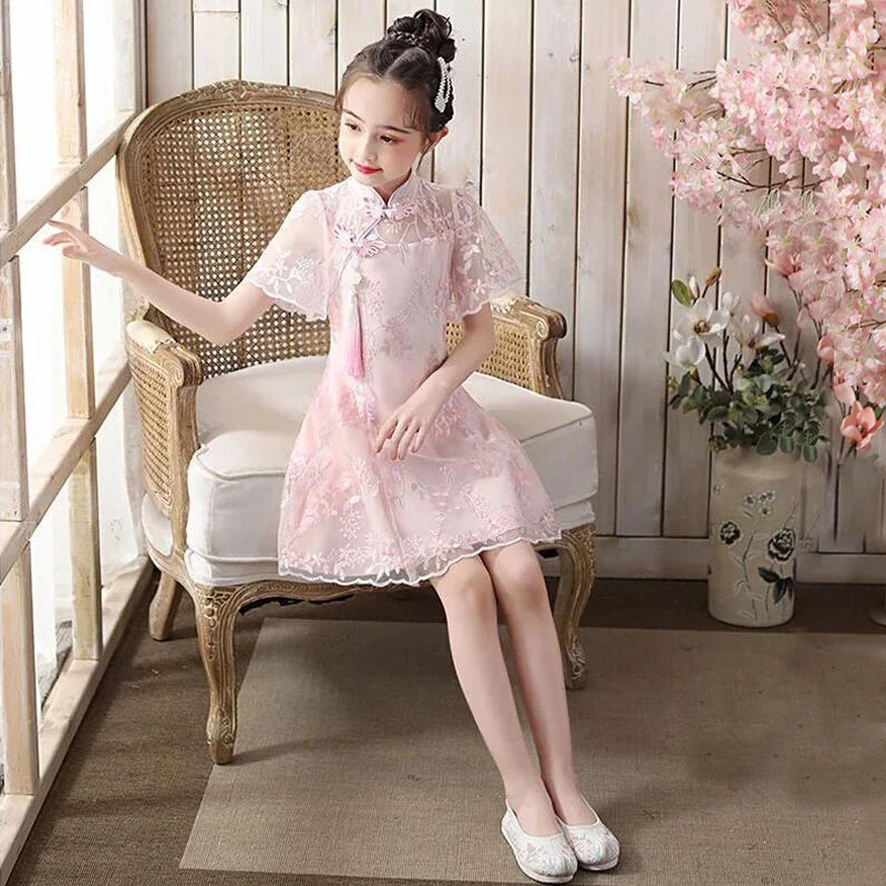 Кружевное китайское традиционное платье с цветами Ципао для маленьких девочек