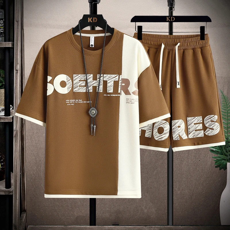 Short-Sleeved T-shirt Men and Teenagers Summer Fashion Brand Waffle Student Clothes Matching Handsome Casual Sports Suit