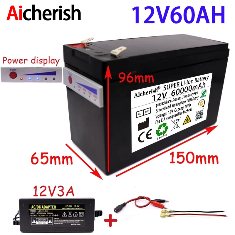 

NEW 12V 60Ah 18650 Lithium Battery Pack 3S6P Built-In High Current 30A BMS For Sprayers Electric Vehicle Batterie 12.6V Charger