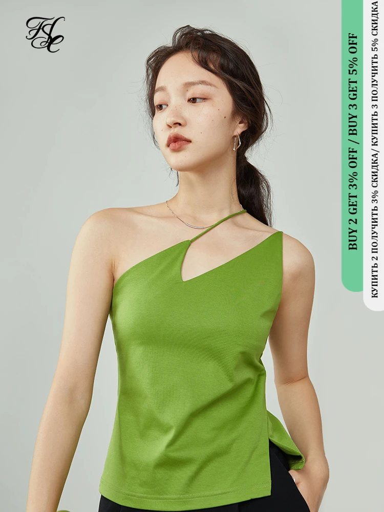 

FANSIALEN Irregular Collar Sleeveless Camis Regular Waist Midweight Women Tops Office Lady Solid Cotton Spring Camisole Tanks