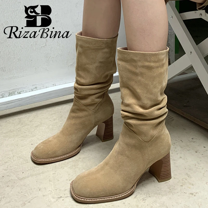 

RIZABINA Size 33-40 Women Solid Boots Genuine Leather Mid-Tube Lady Boots Fashion Women Winter Shoes High Heel Square Toe Boots