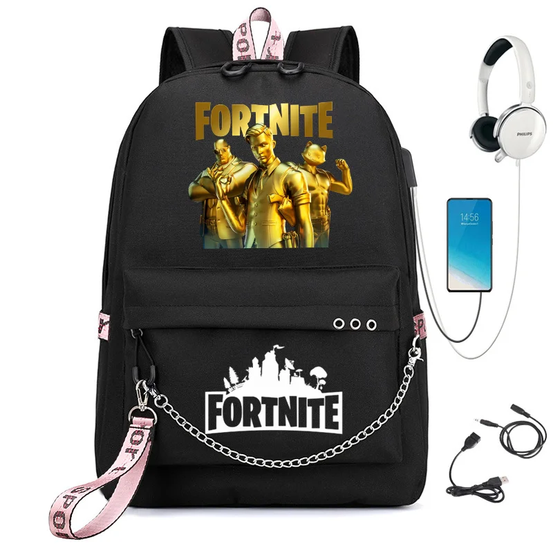 Фото Стильный корейский рюкзак Fortnite с принтом, тканевый, с металлической цепочкой, встроенным USB-портом, водонепроницаемый, легкий, для путешествий и хранения вещей №3