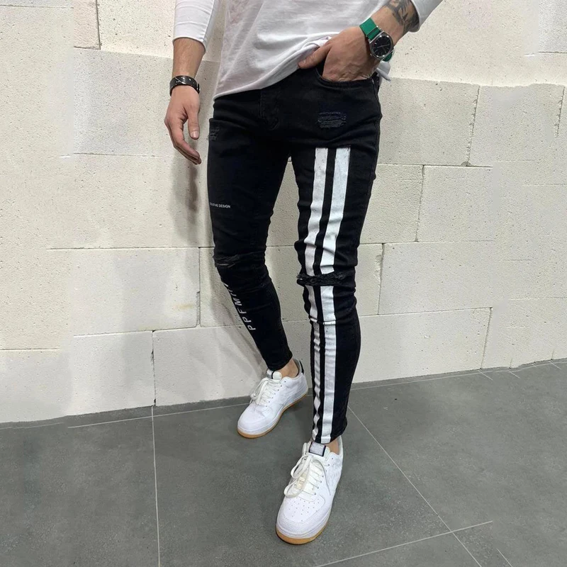 New European and American men's ripped elastic skinny jeans Trendy trousers for young students match fashion men's pants