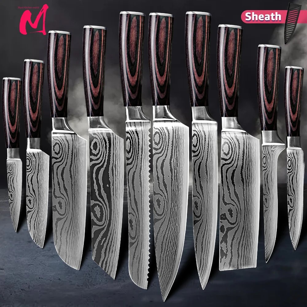 

Набор кухонных ножей 7CR17 440C, профессиональные японские ножи шеф-повара из высокоуглеродистой нержавеющей стали, набор ножей с имитацией Дам...