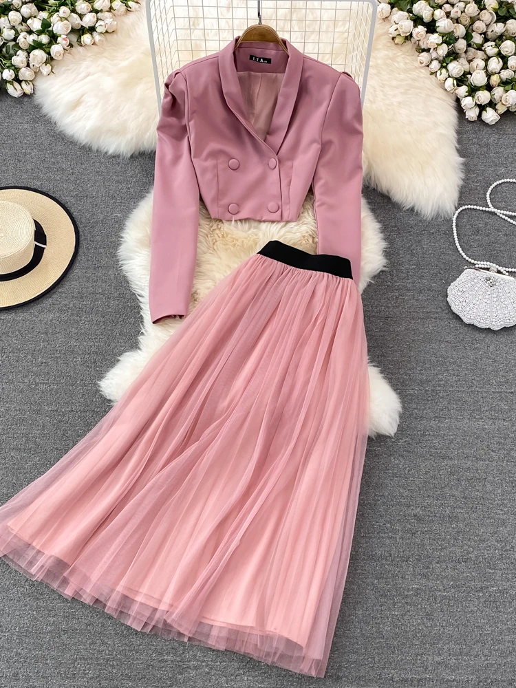 

Fashion Elegant Suit Women Puff Sleeve Blazer Crop Jacket Two-piece Sets Vintage High Waist Mid-length Pleated Skirts Outfits