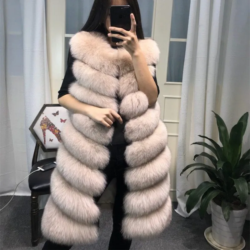 Womens Winter Fashion 2022 Natural Fox Fur Vest Real Fur Gilet 90CM Womens Real Fox Fur Vest Long Coat