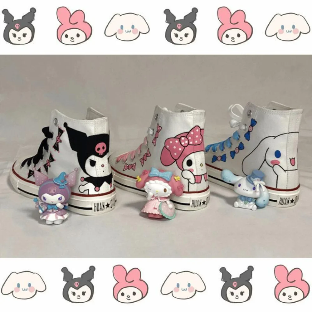 

Kawaii Sanrio аниме персонаж Kuromi Mymelody Cinnamoroll ручная роспись для женщин студенток мягкие граффити высокие холщовые туфли