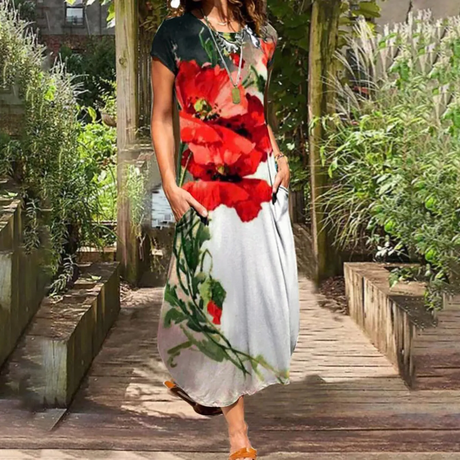 

Women Casual Loose Round Neck Bohemian Floral Dress Short Sleeve Long Maxi Summer Beach Swing Dress Hangers for Dress