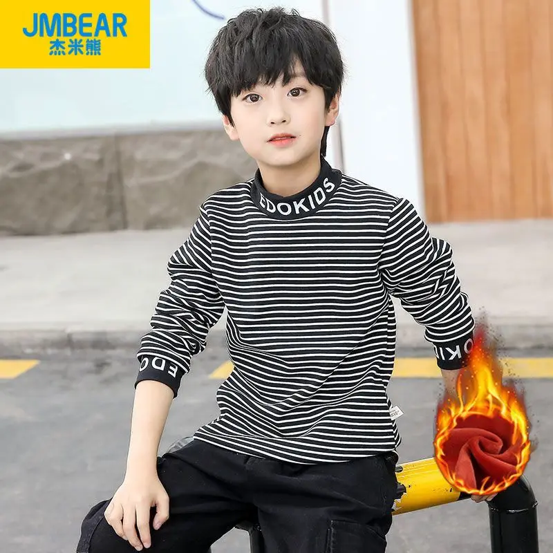 

Boys' Undercoat Plush Half High Collar Stripe T-shirt Warm Middle and Large Children's Autumn and Winter New Top