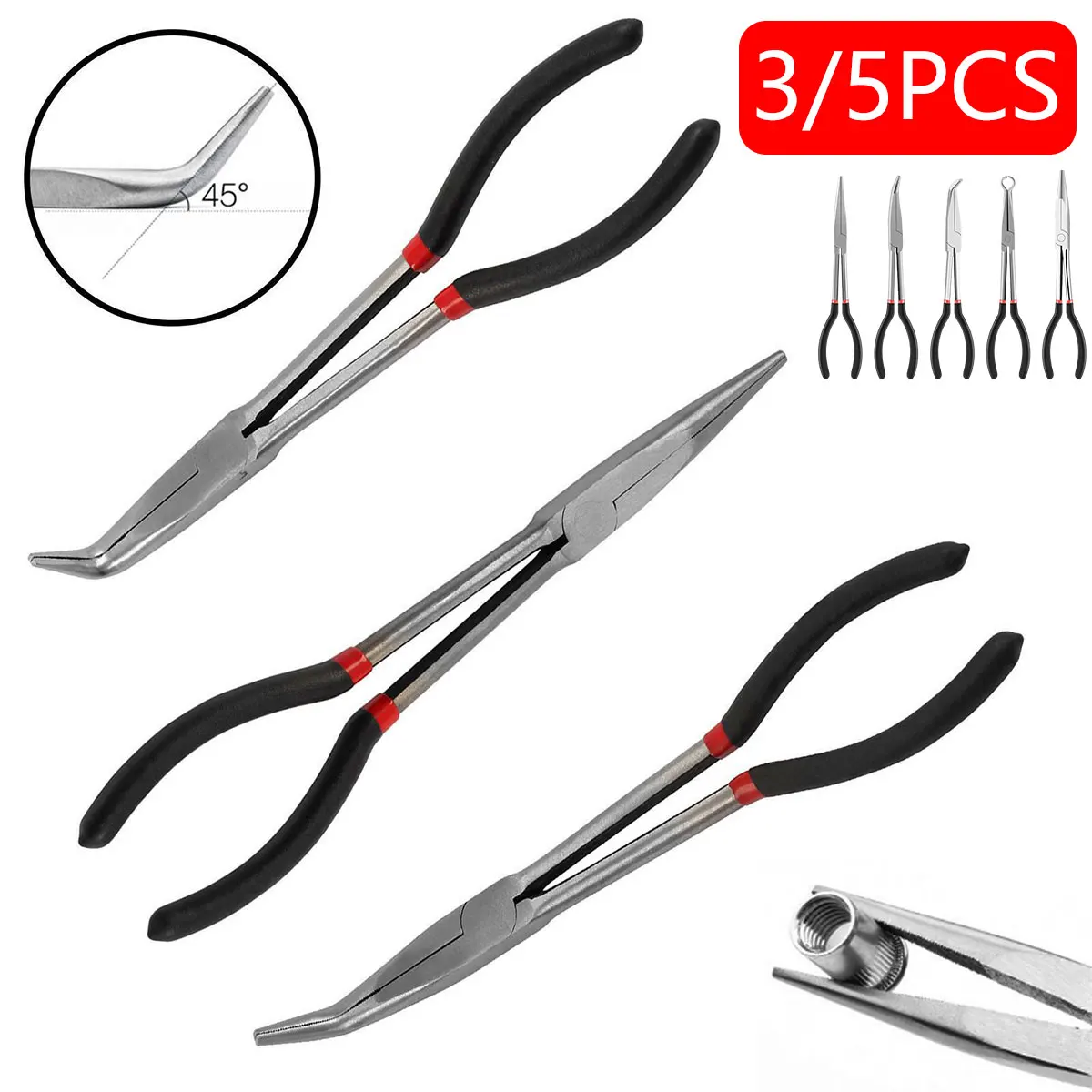 

3/5Pcs Needle Nose Pliers Set 11 Inch Carbon Steel Long Reach Pliers Non-slip Straight Pliers 25°/45°/90° Bent Nose Pliers