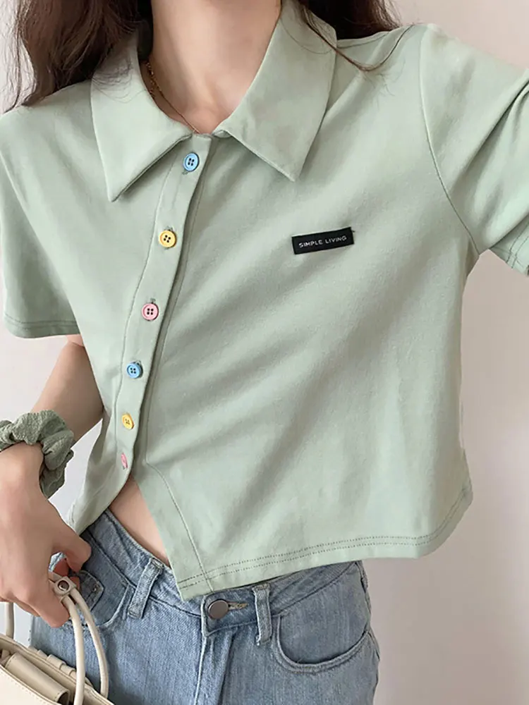 

Летние японские рубашки, женские корейские свободные Асимметричные пуговицы, дизайнерская футболка, белые короткие шикарные топы в стиле Х...