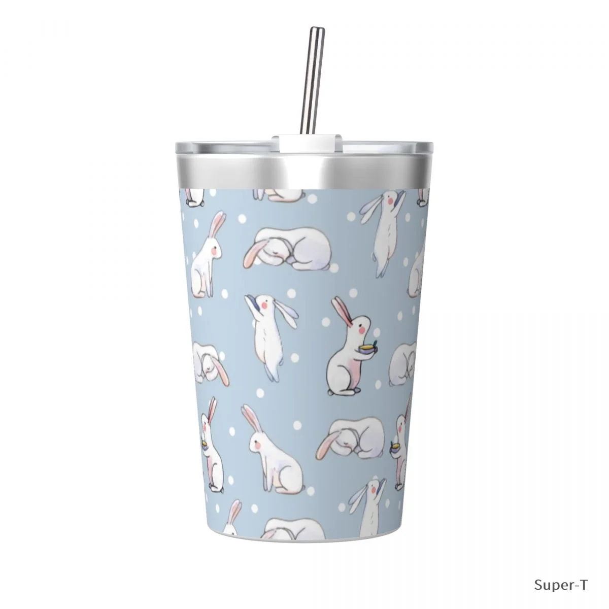 Кружка-термос с соломинкой и кроликами из нержавеющей стали
